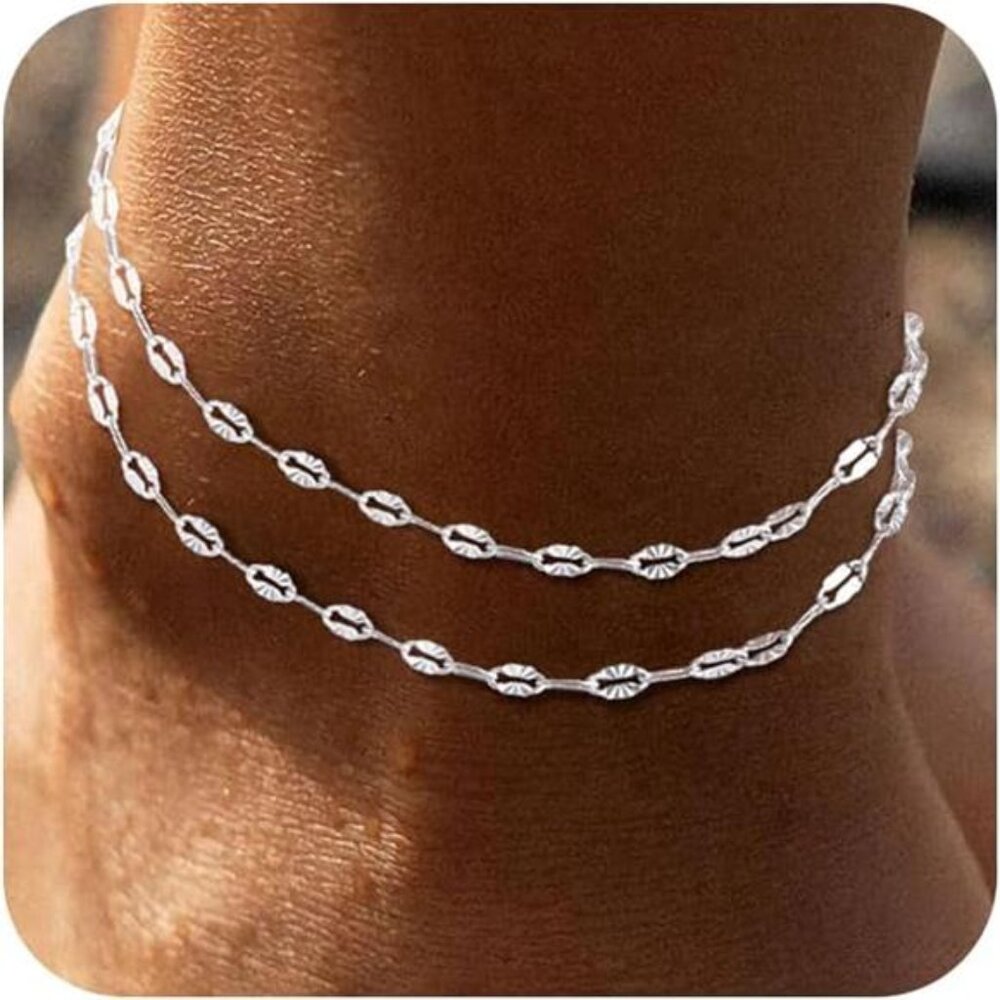 Sterling Silver Ankle Bracelets for Women: Dainty Layered Waterproof Anklet for